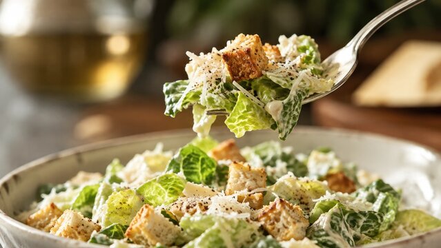 Creamy Caesar salad with romaine, croutons and grated cheese in a bowl, fork lifting a bite