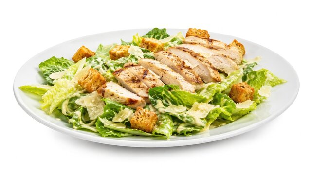 Grilled chicken Caesar salad with romaine lettuce, crunchy croutons and creamy Parmesan dressing on a white plate