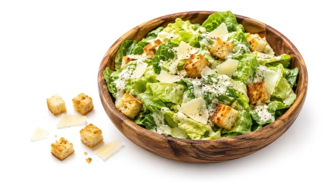 Classic Caesar salad with romaine lettuce, crunchy croutons and shaved Parmesan in a wooden bowl with creamy dressing