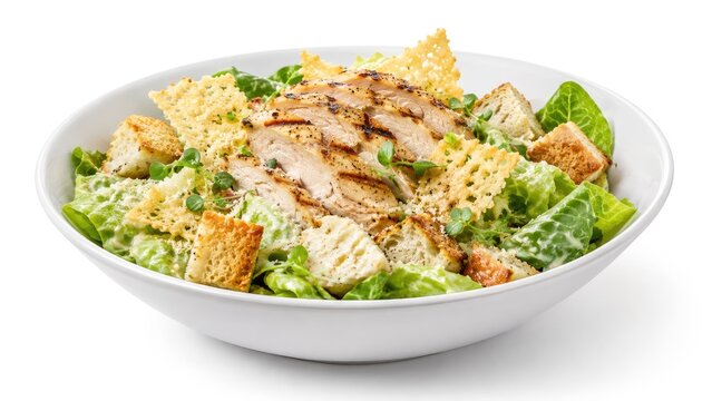 Grilled chicken Caesar salad with romaine, croutons, parmesan crisps and creamy dressing served in a white bowl