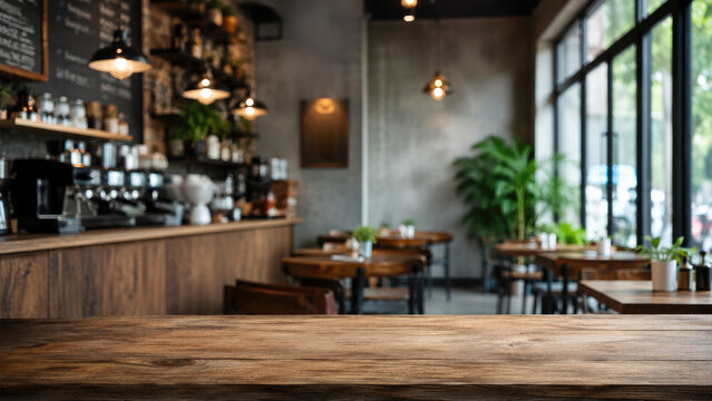 Cozy modern coffee shop interior with wooden countertop, tables, pendant lights, large windows and potted plants, blurred background creating warm ambiance