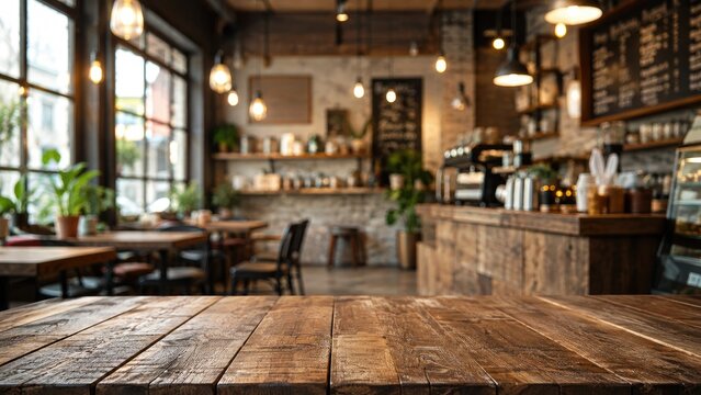 Rustic wooden table in a cozy industrial cafe interior with warm lighting, exposed brick, coffee counter and large windows