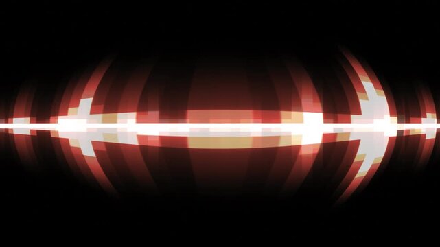 Vintage Computer Audio Visualizer. Blocky Reactive Pixels Surge in Fast Rhythm, Orange Luminescence Traces Distorted Edges, Bright Flashes Pulse, Seamless Loop on Solid Black