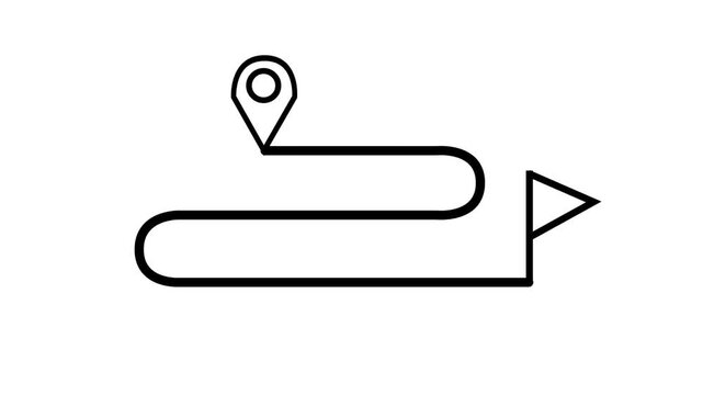 Location pin moving along a winding path to a finish flag animation on a clean white background, stock footage.