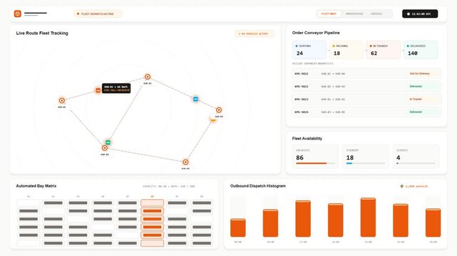 Futuristic clean white operations dashboard for omnichannel e-commerce logistics, real-time fleet map tracking, warehouse inventory matrix, and fulfillment conveyor pipeline. Seamless 7-second 60fps l