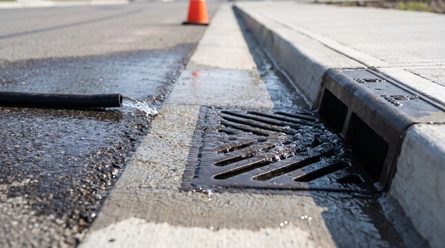 Controlled water enters new curb drainage inlet