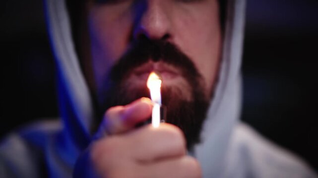 Close portrait of a Caucasian man in a light hoodie bringing a lit marijuana joint to his mouth and smoking in a dark room. Cannabis use and addiction concept.