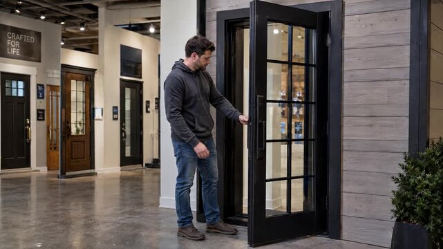 Customer testing glass entrance door in home improvement store