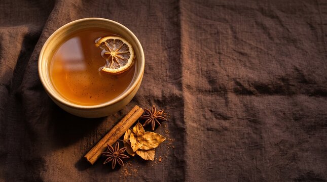 Spiced citrus tea with autumn leaves and cinnamon