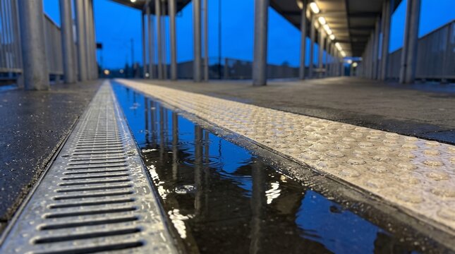 Canopy columns reflected in rain on urban platform