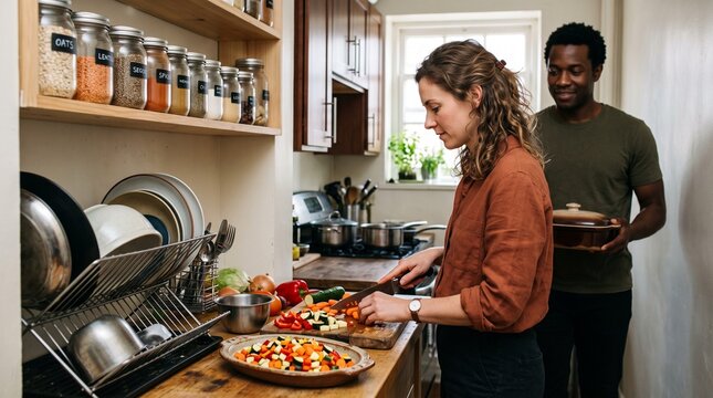Friends share counter space while preparing homemade vegetables