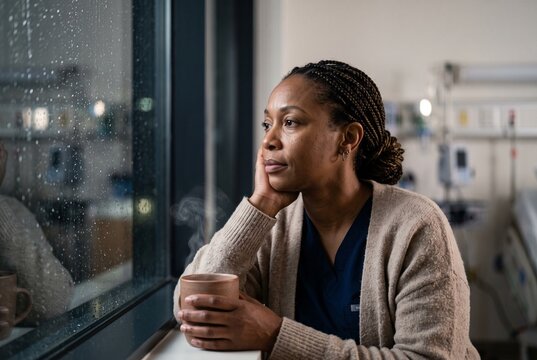 Thoughtful Black female nurse in blue scrubs and cozy sweater looking out a rainy hospital window while holding a steaming cup of coffee