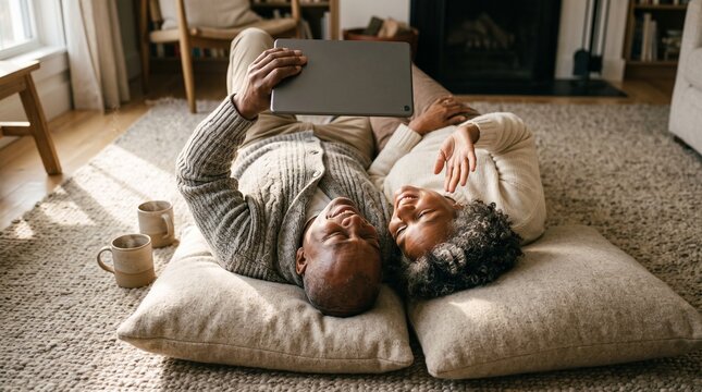 Happy senior Black couple lying on the floor in a cozy living room, using a digital tablet for a video call and laughing together