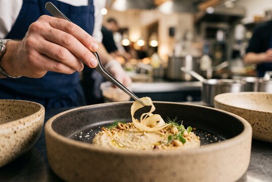 Close-up of a professional chef using culinary tweezers to carefully garnish a gourmet dish in a busy restaurant kitchen
