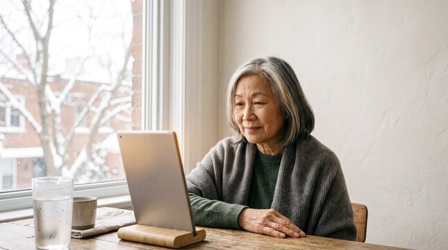 Senior Asian woman smiling while having a video call on a digital tablet at a wooden table by a snowy window at home