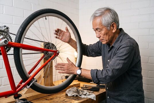 Focused senior Asian mechanic inspecting and spinning a bicycle wheel on a wooden repair stand in a bright workshop with tools