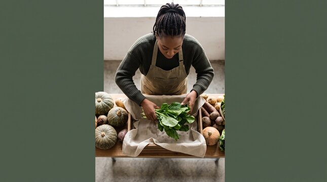 Black woman packing fresh organic leafy greens into a cloth-lined wooden crate surrounded by seasonal vegetables