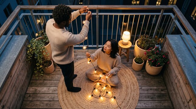 Multiethnic couple decorating their cozy urban apartment balcony with warm glowing string lights in the evening