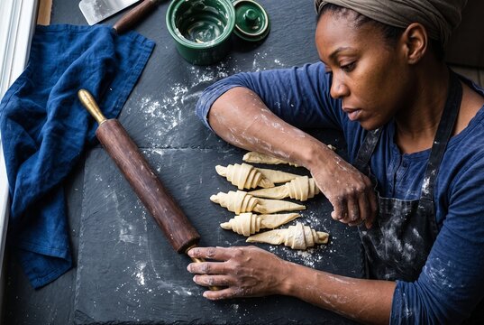 Black woman baker leaning on a dark slate countertop while looking at freshly rolled homemade croissant dough with a wooden rolling pin nearby