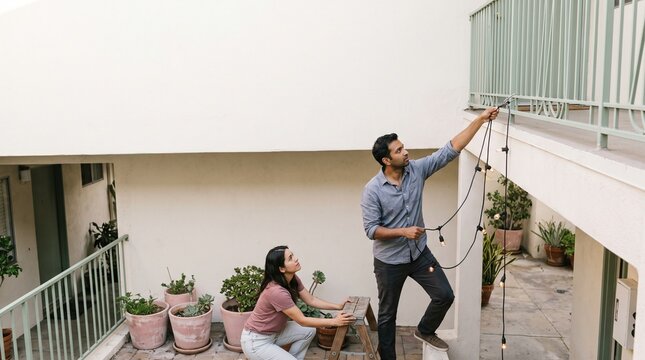 Young couple decorating their apartment patio together by hanging outdoor string lights on the balcony railing while using a wooden stepladder