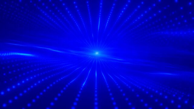 暗闇に浮かぶネオンブルーの発光線と深い奥行きを持つ光のメッシュがSF映画のようなドラマチックで幻想的な没入感を演出するCGイメージ