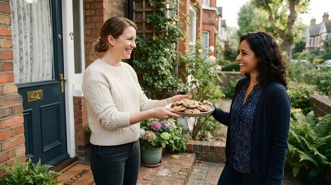 Two women sharing a plate of cookies outside a brick house