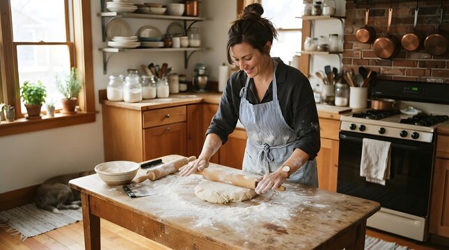 Woman rolling dough on a wooden table in a rustic kitchen
