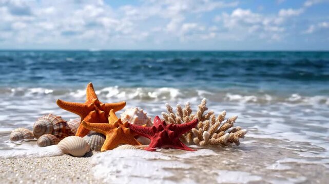 Colorful starfish and seashells on sandy beach with gentle ocean waves crashing in the tropical background, summer vacation