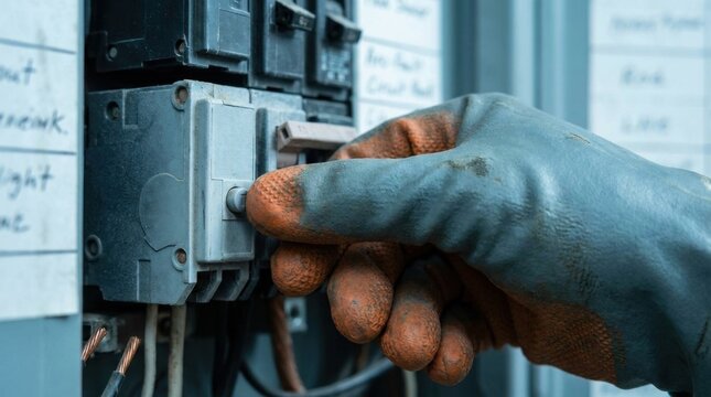 Electrician pressing the test button on an arc fault circuit interrupter breaker inside a home electrical panel