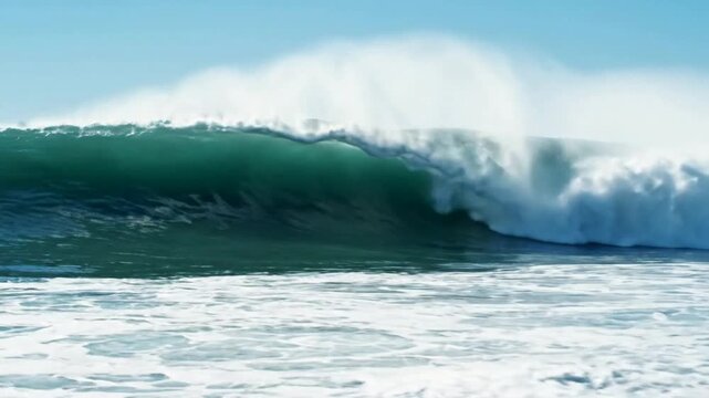 Powerful ocean wave crashing with sea spray and white foam in tropical waters for surfing and nature backgrounds