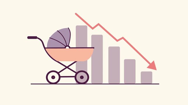 Declining Birth Rate With Baby Stroller And Falling Bar Chart Flat Concept Animation with copy space. Low Fertility, Population Decrease, And Demographic Change.