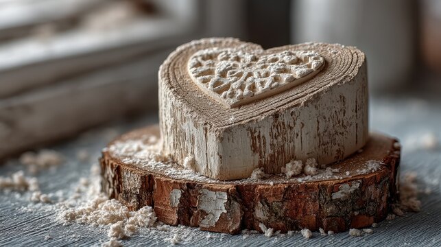 Wooden heart carving on rustic log background
