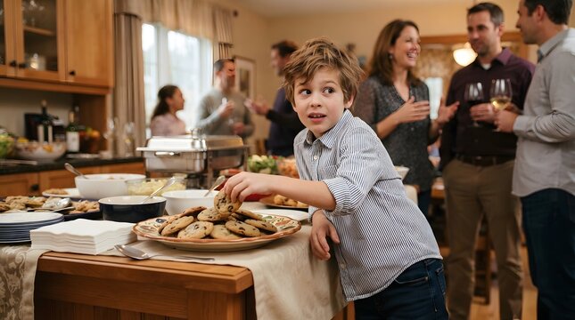Young boy taking a cookie from a platter at a house party