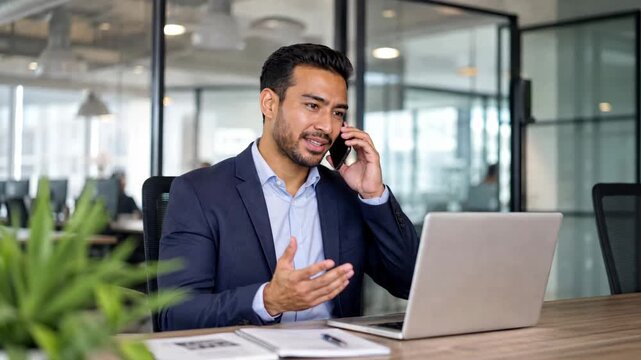 Happy businessman talking on phone in modern office