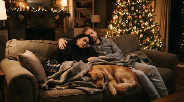 Couple and dog sleeping together on sofa during christmas
