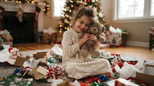Little girl hugging a teddy bear by a christmas tree
