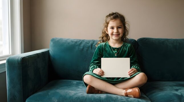 A young girl sitting on a blue sofa holding a blank card