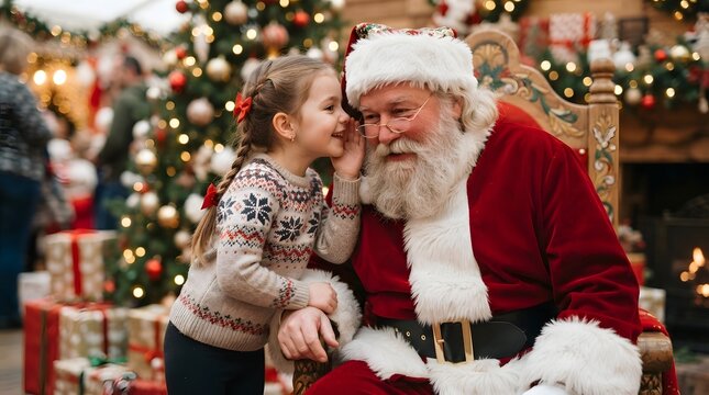 Young girl whispering a secret to santa claus at christmas