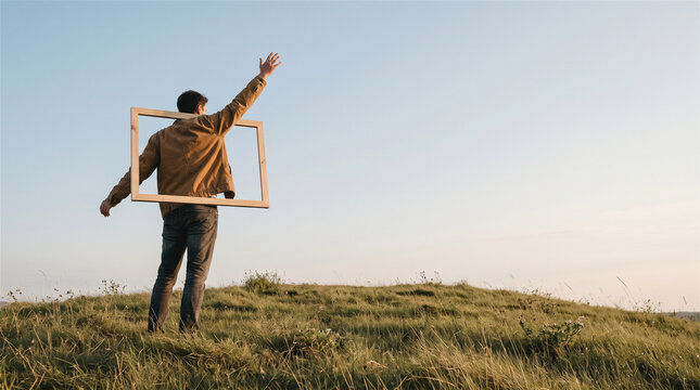Man stands on a verdant hill with his arms outstretched, holding an empty wooden frame, symbolizing freedom, new perspectives, and appreciating the expansive natural world.