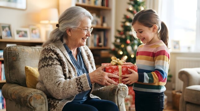 Grandmother and granddaughter exchanging a gift in a living room