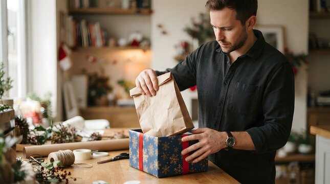 Man placing a paper bag inside a gift box on a table