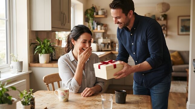 Man surprising woman with a gift in a home kitchen