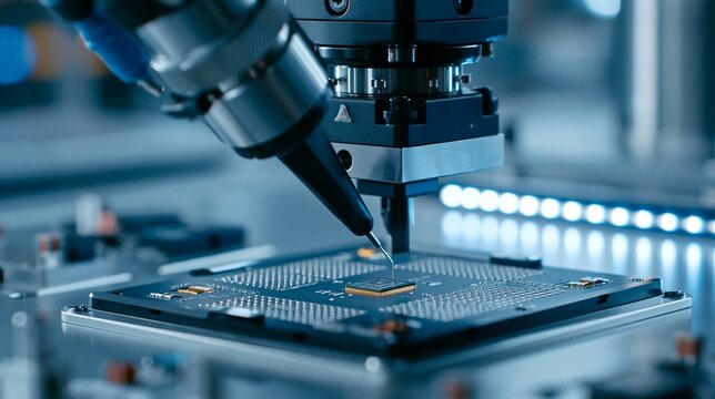Robotic arm tests an angular velocity sensor on a tiny MEMS module inside a precision quality control station with blue LED strips.