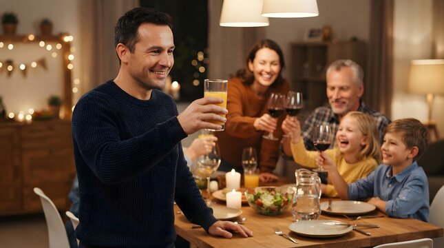 Man raising a glass for a toast at a family dinner