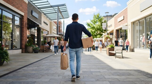 Man carrying shopping bags and a box in an outdoor mall
