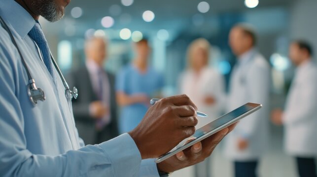 Medium shot focusing on a practitioner reviewing patient notes on a digital tablet with blurred team members exchanging ideas in the background during a social microlearning ward