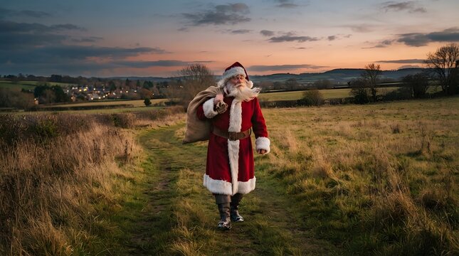 Man in red costume walking with burlap sack in grassy field