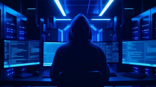 薄暗く冷たい空気感が漂うサーバー室でフードを頭から被った人物が複数のモニター画面に向かい怪しいデータ操作を行う部屋の全景