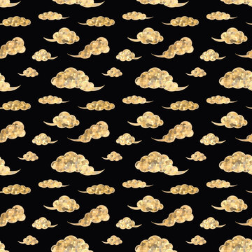 黒の背景に金箔のモザイクで描いた瑞雲が散りばめられた和モダンな和柄の金雲シームレスパターン