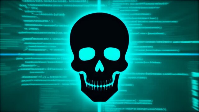 青緑色の光を放つ無数のプログラミングコードが漂う広大なデジタル空間の中央に巨大なドクロのシルエットが浮かび上がるサイバー空間